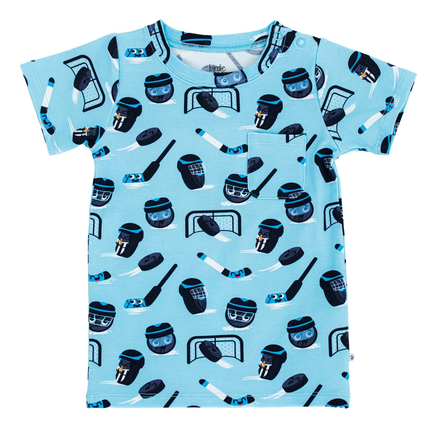 Children's t-shirt with hockey-themed pattern on a light blue background